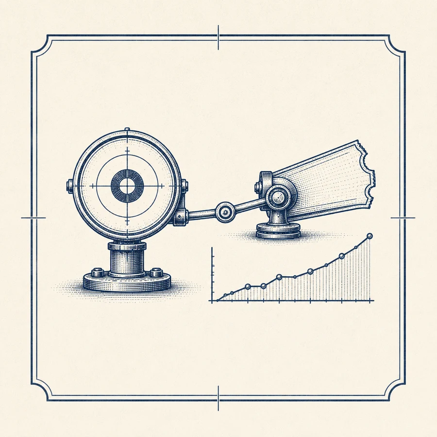 Patent-tekening van een doelmechaniek gekoppeld aan een oplopende resultatengrafiek