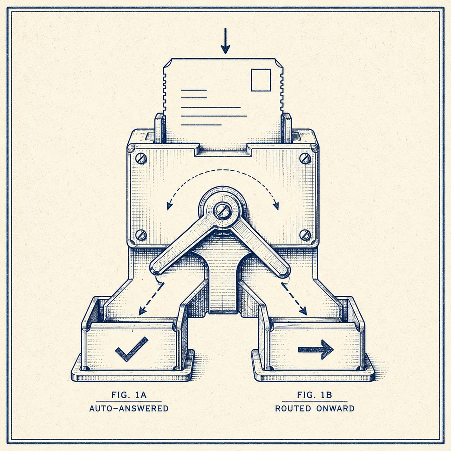 Patent-tekening van een mechanische sorteerwissel die post naar auto-antwoord of doorverwijzing stuurt