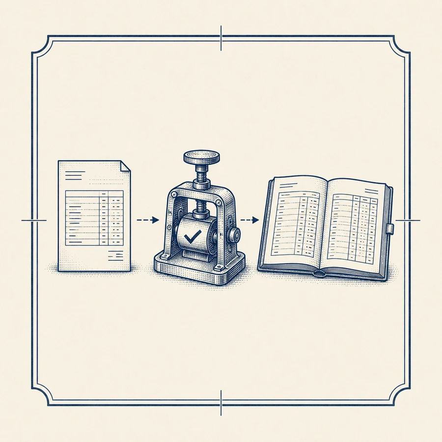 Patent-tekening van een factuur die door een stempelpers met een vinkje gaat en wordt bijgeschreven in een opengeslagen grootboek